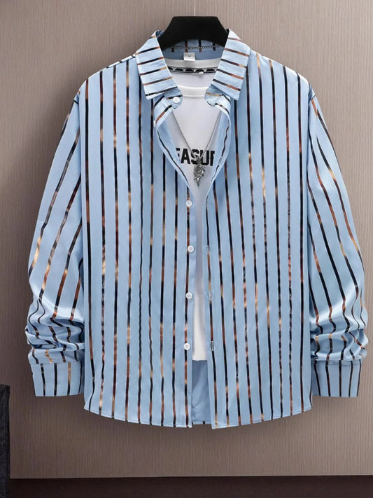 Men's Full Size Striped Button Up Long Sleeve Shirt Plus Size