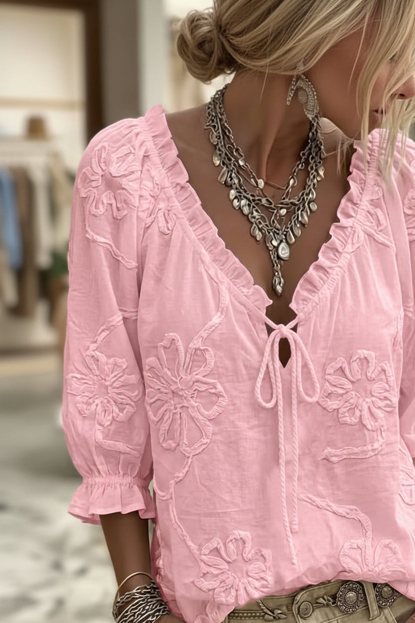 Jacquard Floral Ruffle Trim Lace-Up V-Neck Puff Sleeve Blouse