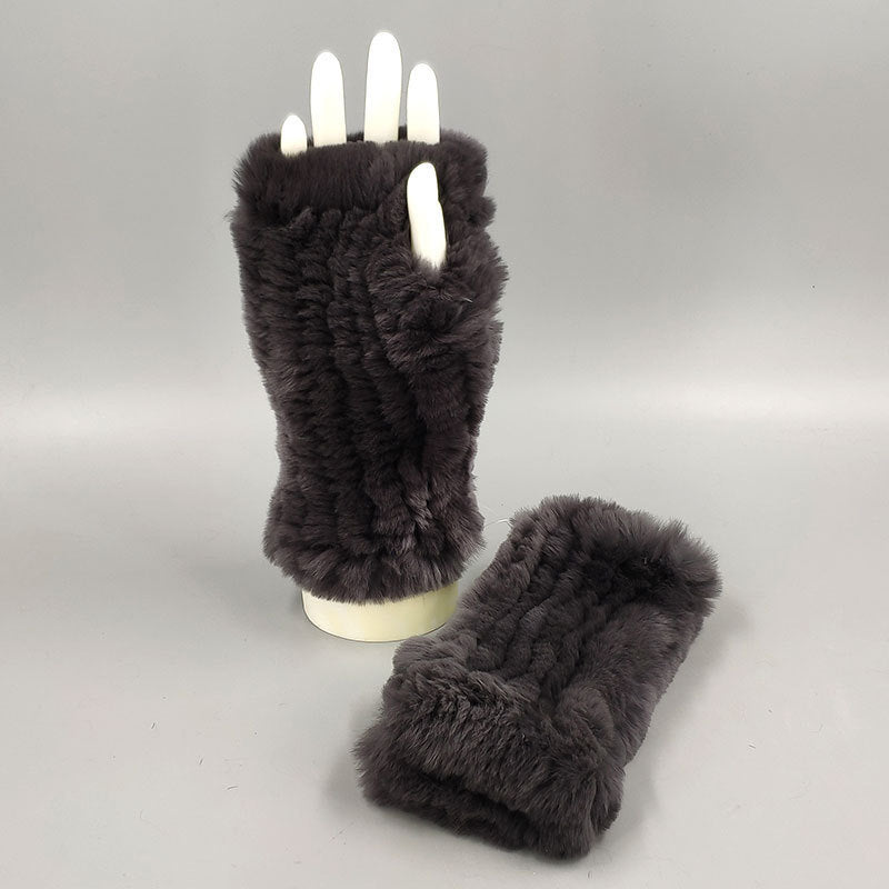 Winter Wristband Mid-Length Gloves - Rex Rabbit Fur Insulation With Striped Half-Finger Design