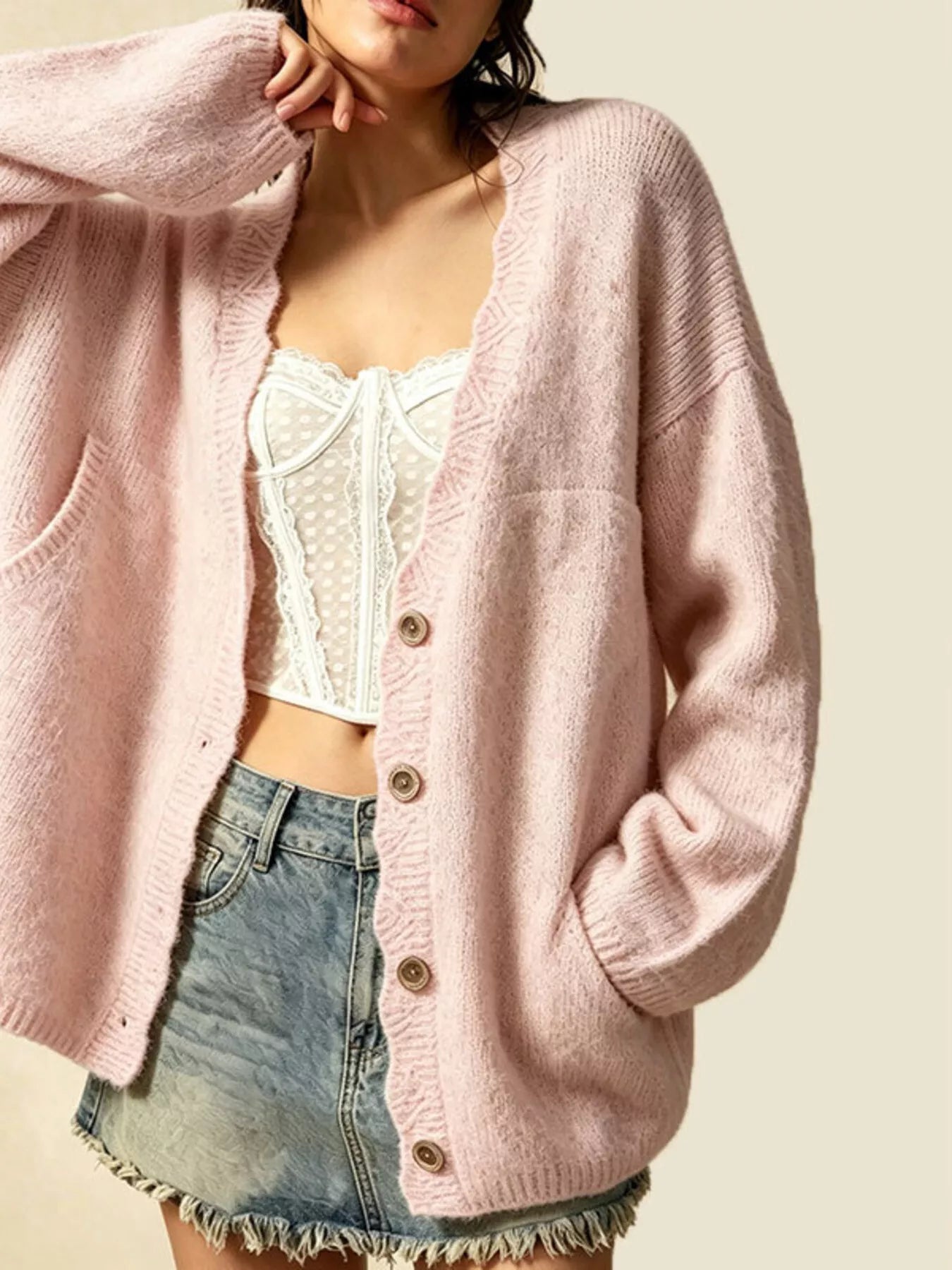 V-Neck Button-Down Knit Cardigan