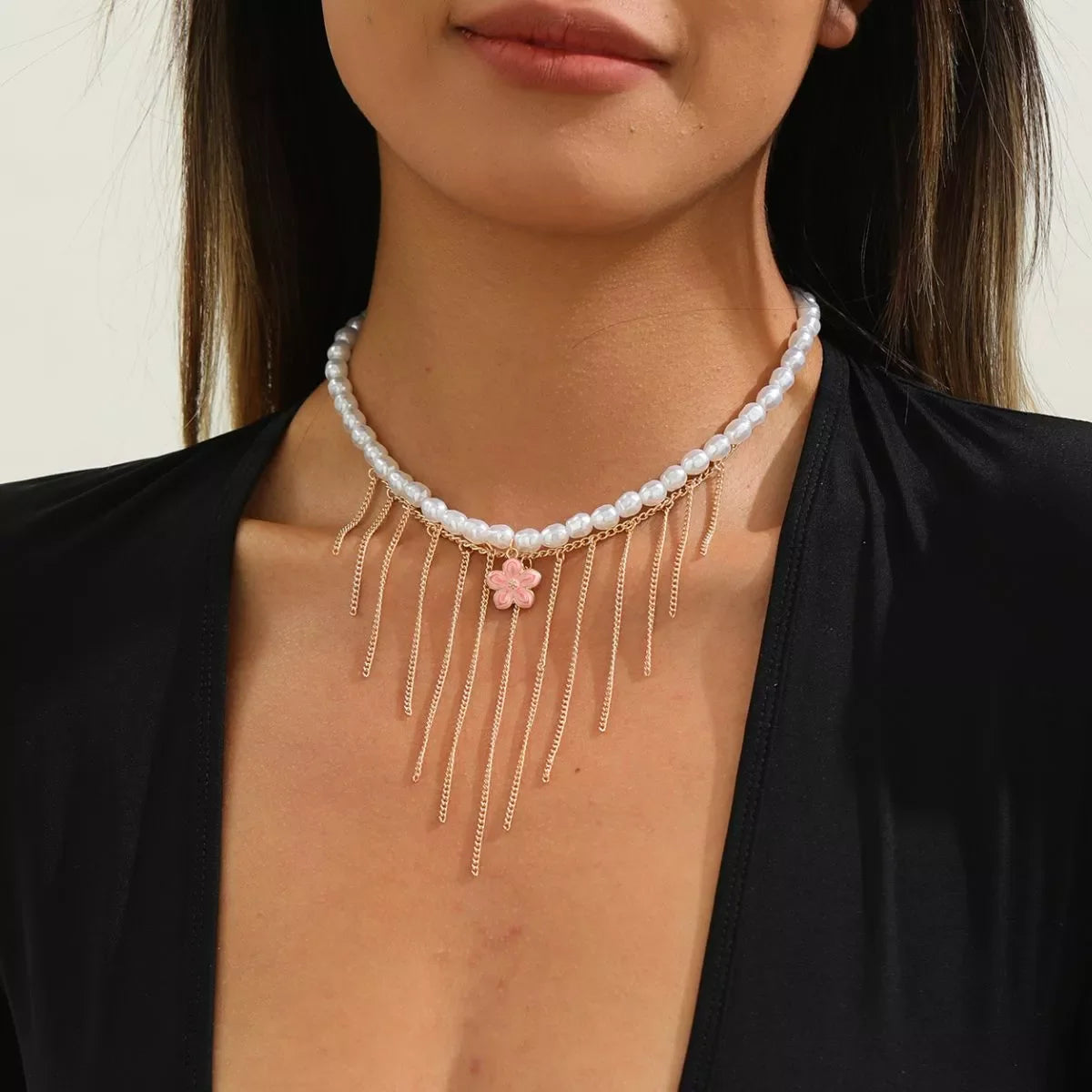Elegant Pearl Choker Necklace with Flower Charm and Tassel Dangles