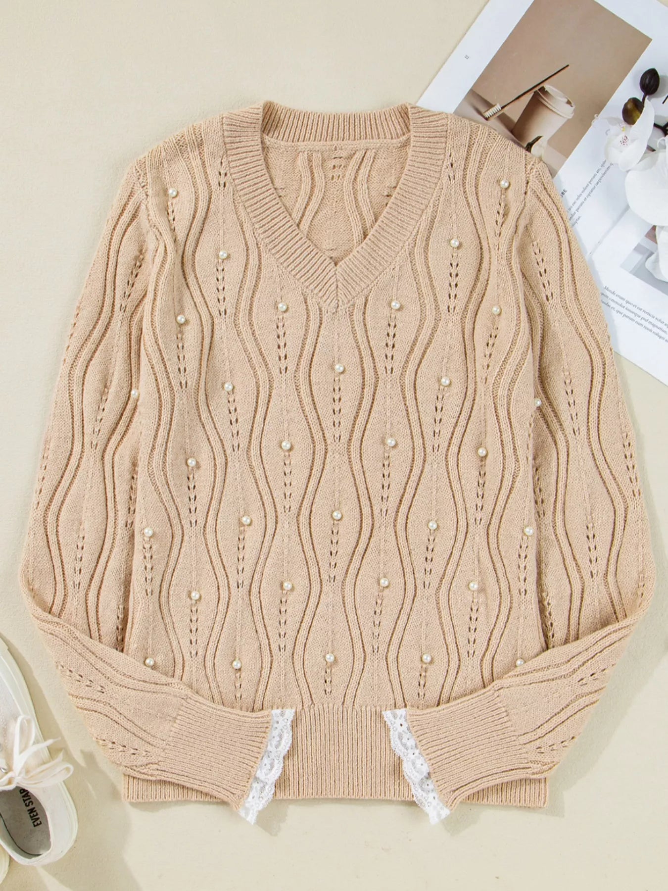 Elegant Pearl Embellished Sweater with Lace Detail