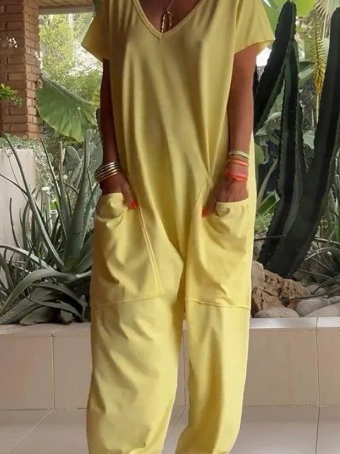Full Size Loose Fit V-Neck Short Sleeve Wide Leg Jumpsuit Plus Size