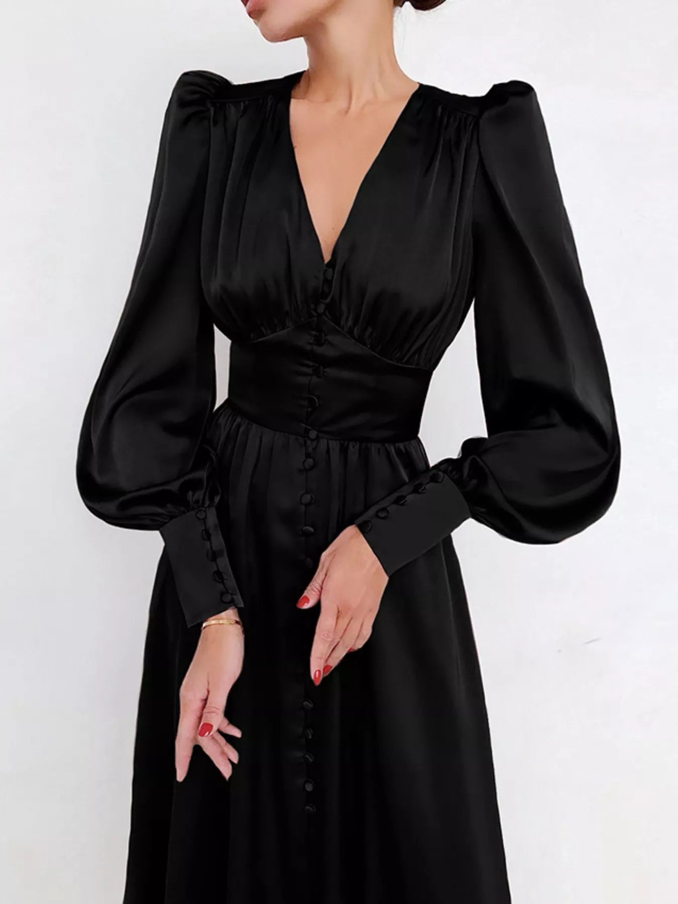 Elegant V-Neck Puff Sleeve Button-Down Midi Dress