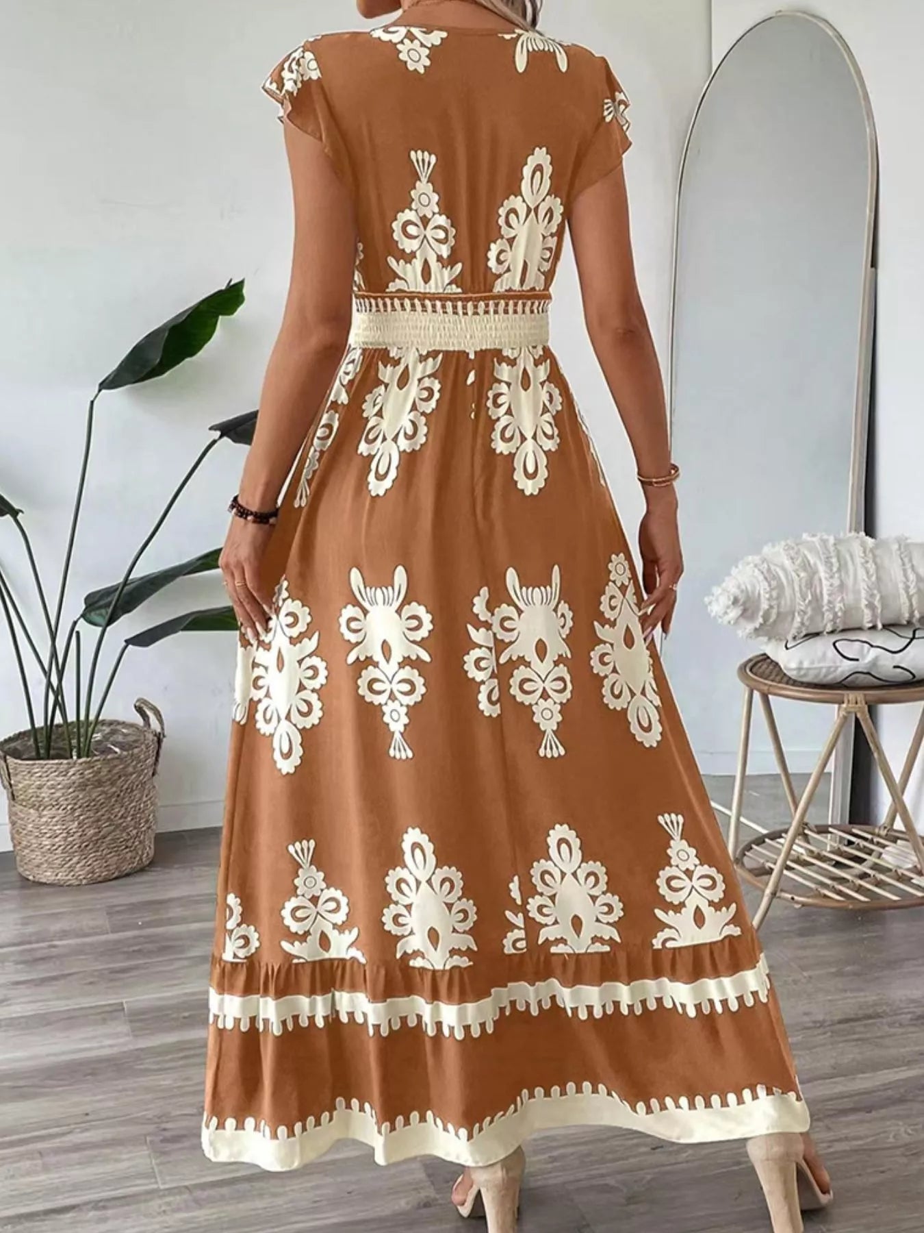Ruffled Printed V-Neck Maxi Dress