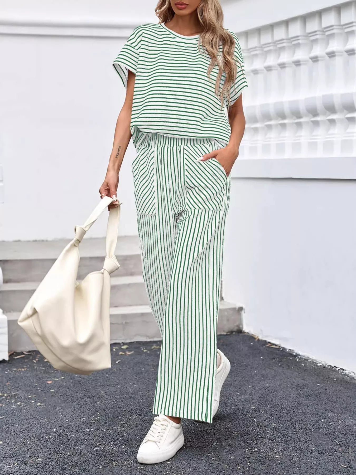 Casual Striped Short Sleeve Top and Wide Leg Pants Two-Piece Set