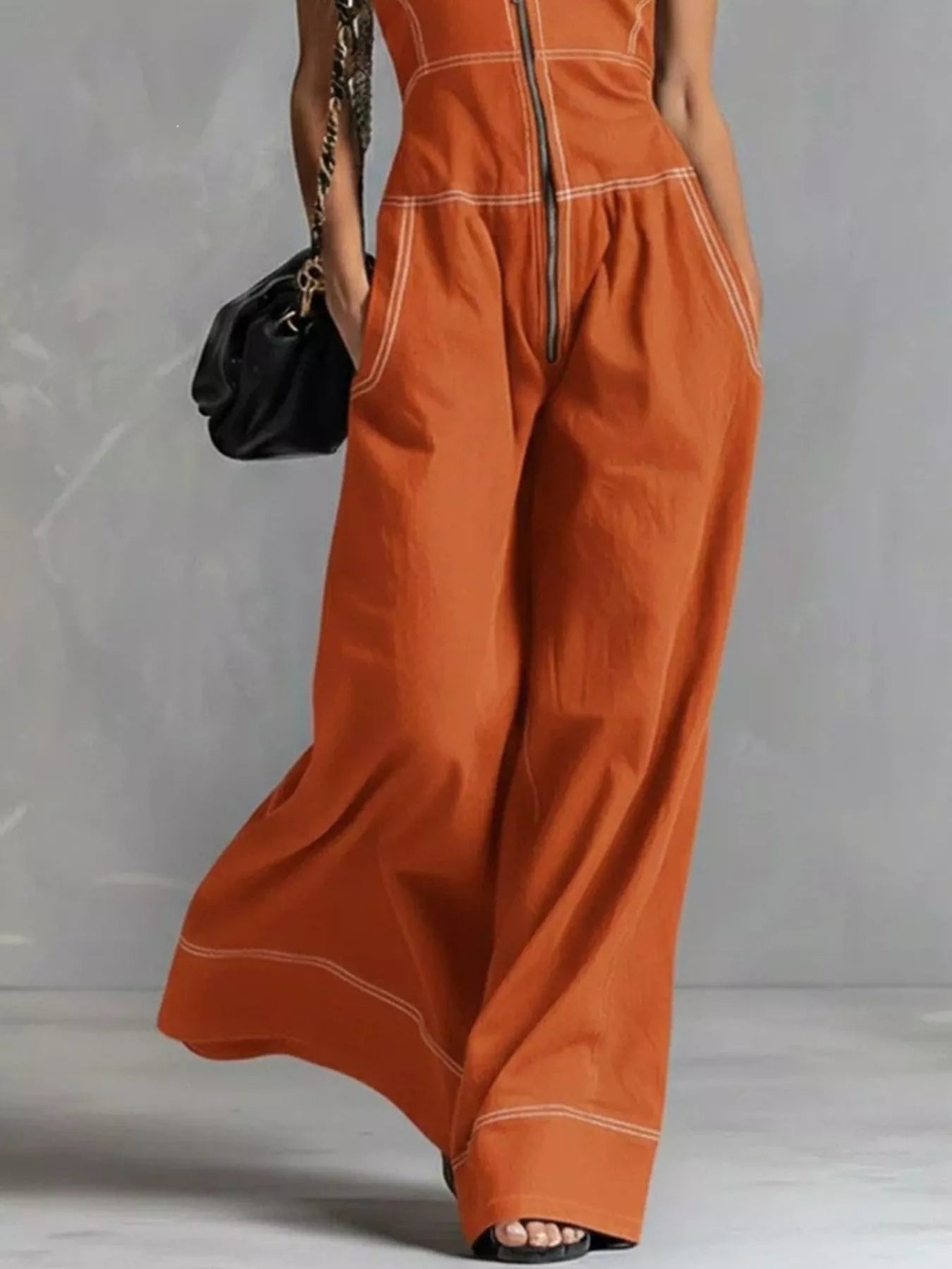 Zip Front Sleeveless Wide Leg Jumpsuit