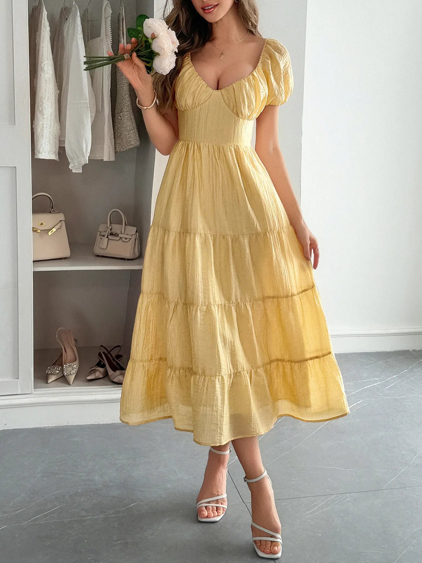 V-Neck Short Sleeve Midi Dress