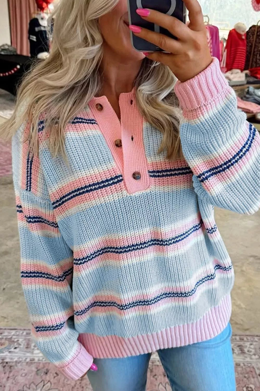 Stripe Striped Button Collar Long Sleeve Shift Fit Winter Knitwear Sweater