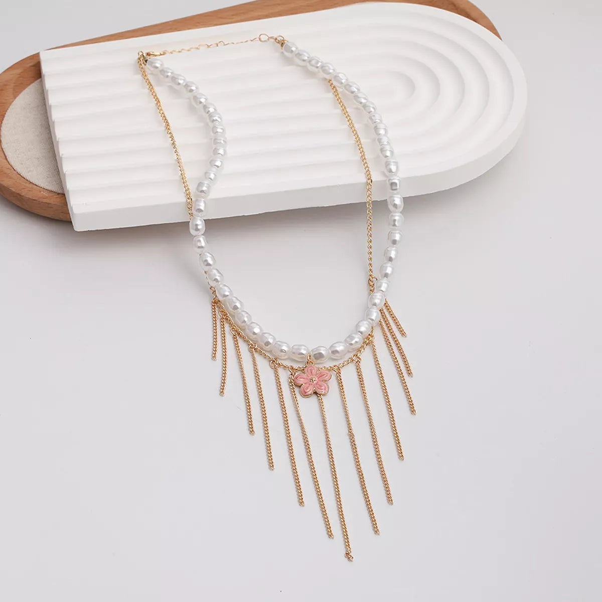 Elegant Pearl Choker Necklace with Flower Charm and Tassel Dangles