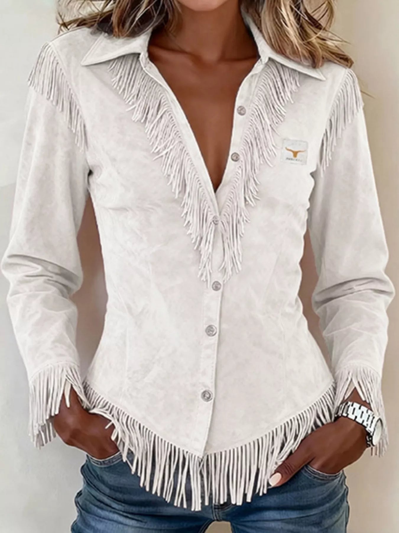 Full Size Fringed Collared Neck Shirt Plus Size