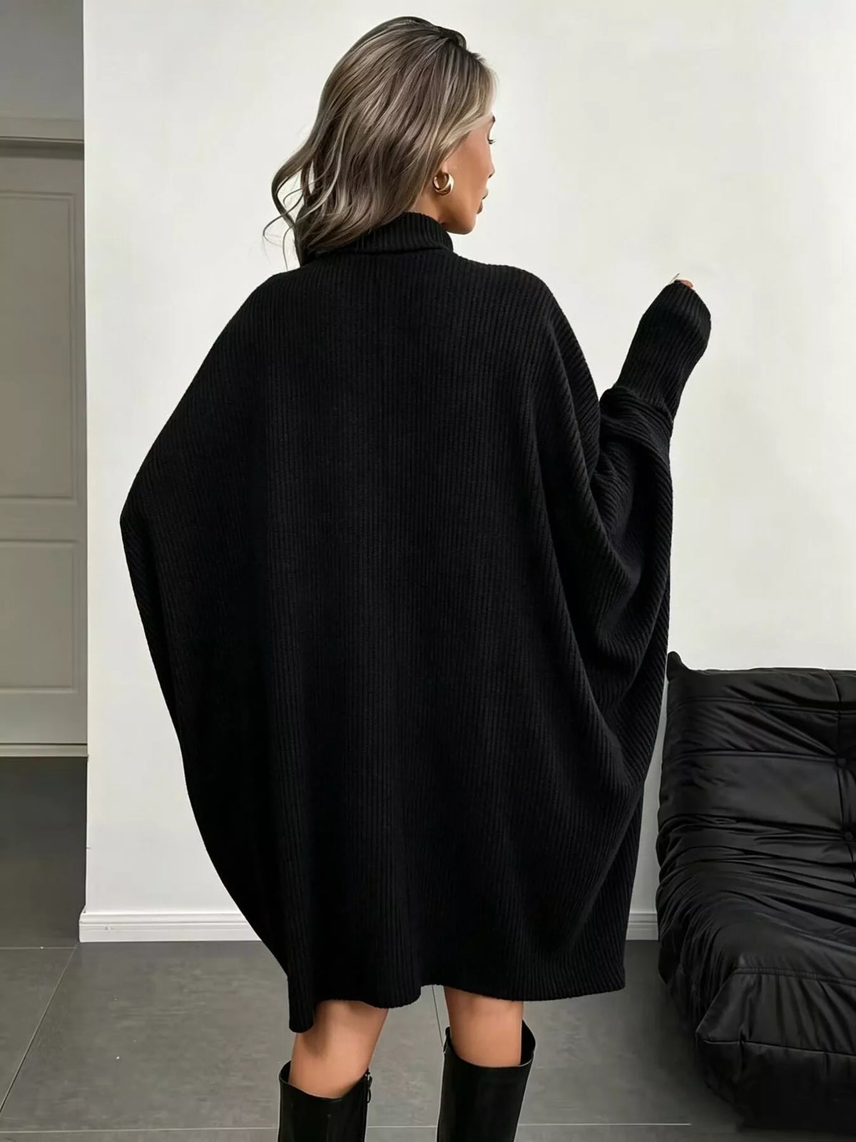Oversized Batwing Sleeve Ribbed Knit Turtleneck Dress