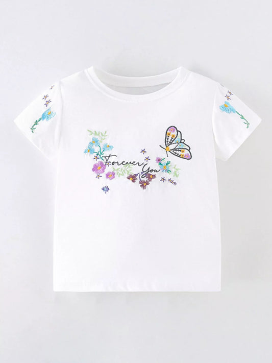 Children's Floral Butterfly Embroidered Short Sleeve T-Shirt