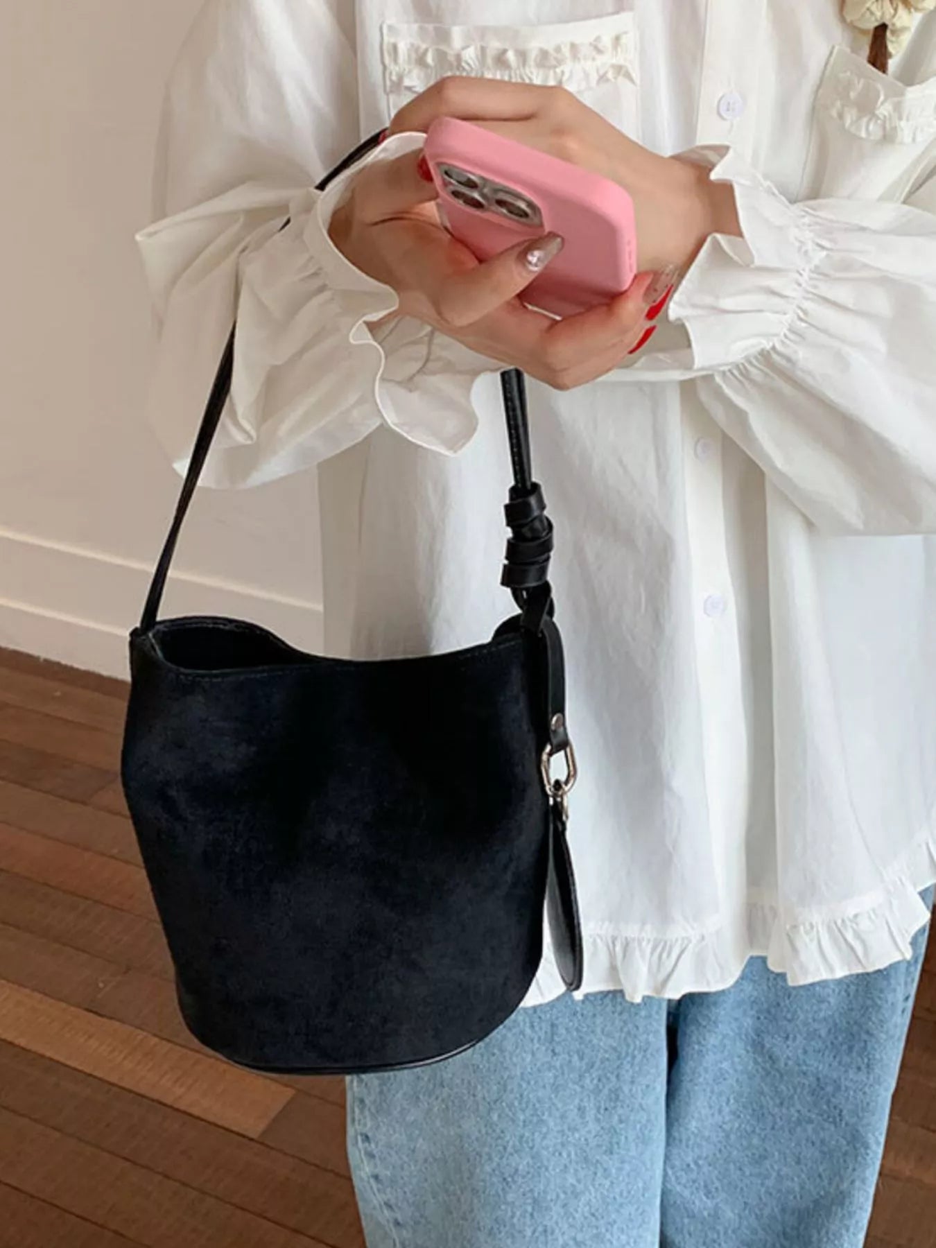 Suede Solid Color Bucket Bag