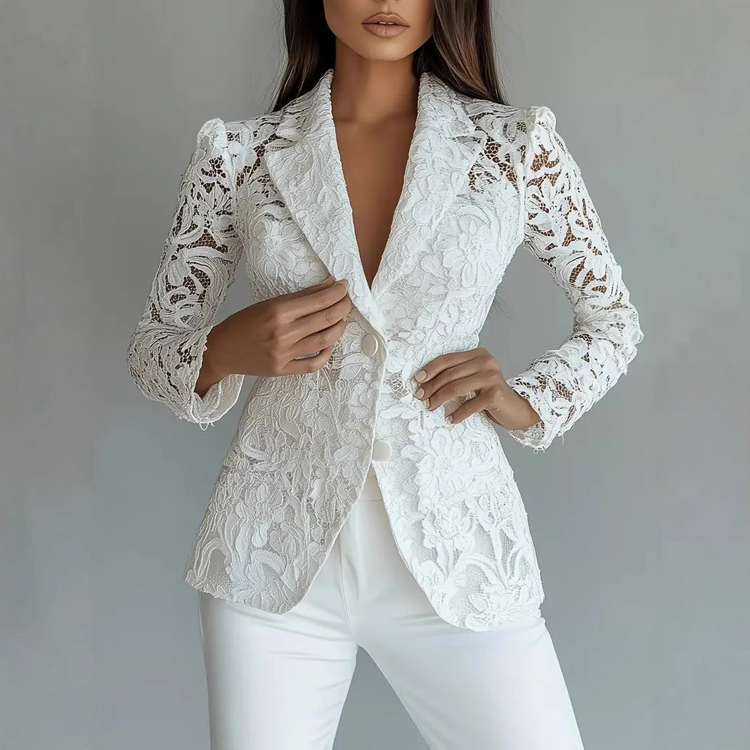 Sheer Floral Lace Blazer | Deep V Notched Lapel Single Button