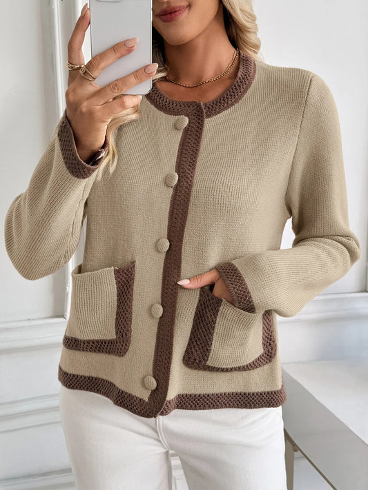 Button-Front Cardigan with Contrast Trim
