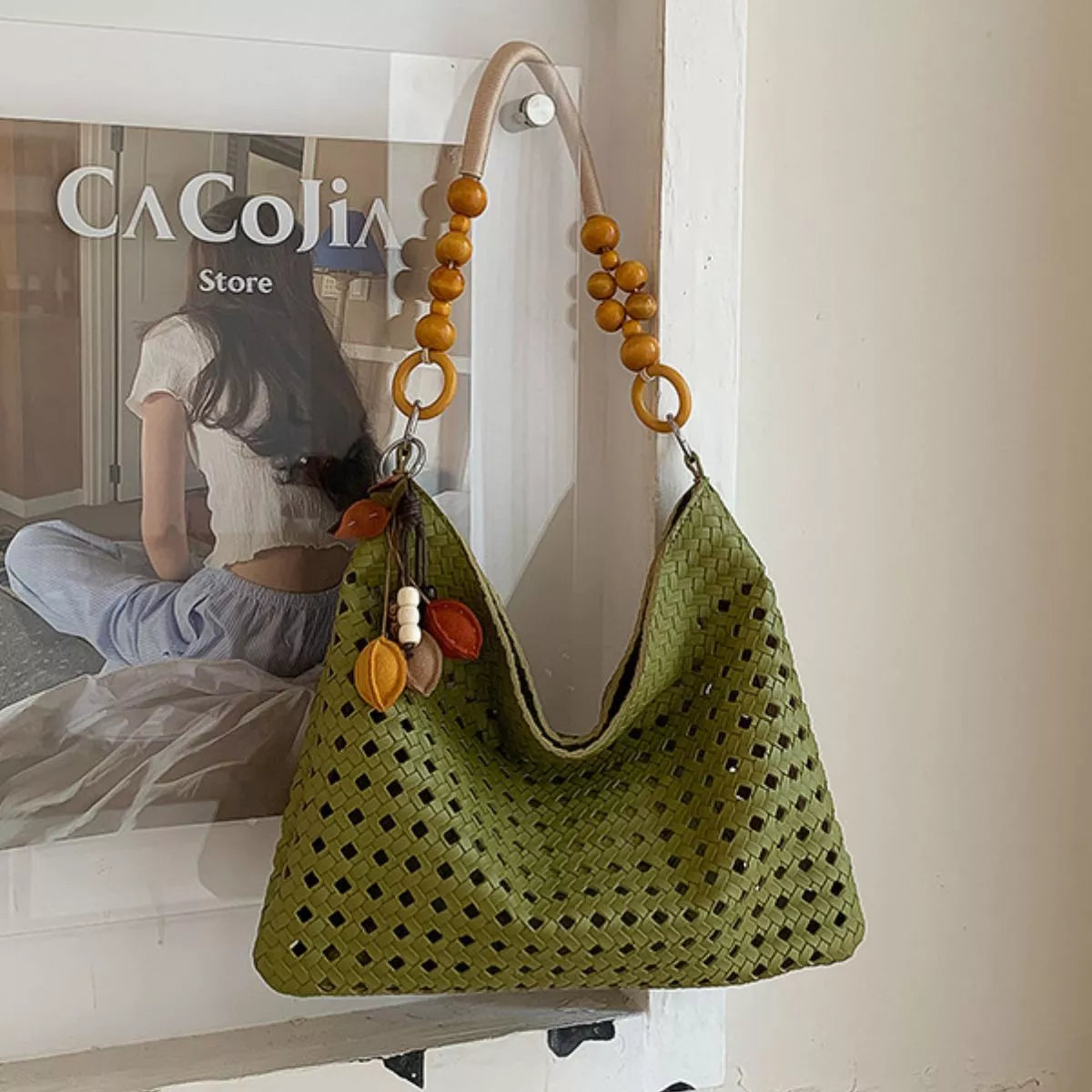 Cutout Shoulder Bag with Beaded Handle
