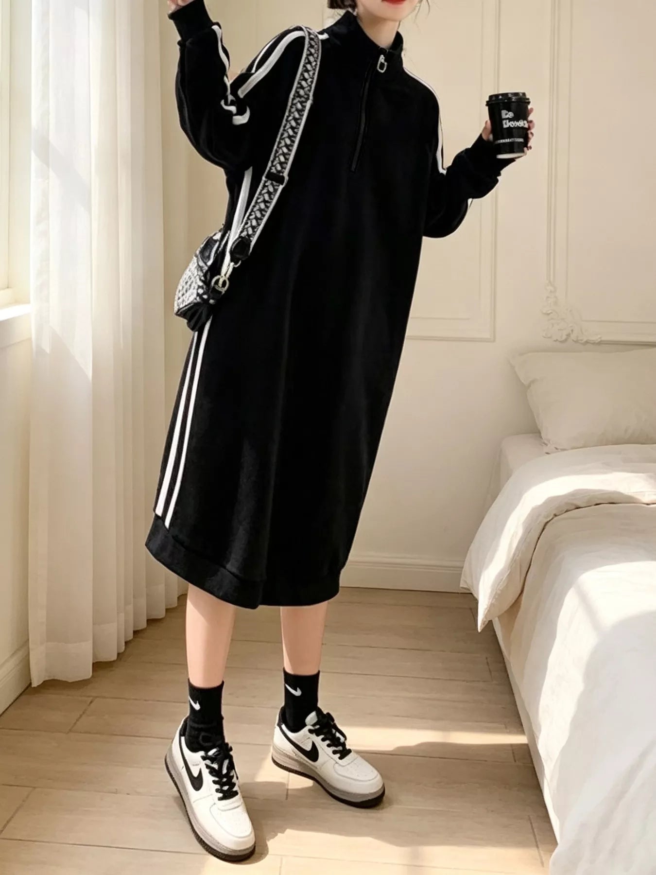Casual Quarter‑Zip Mock Neck Side Stripe Midi Sweatshirt Dress