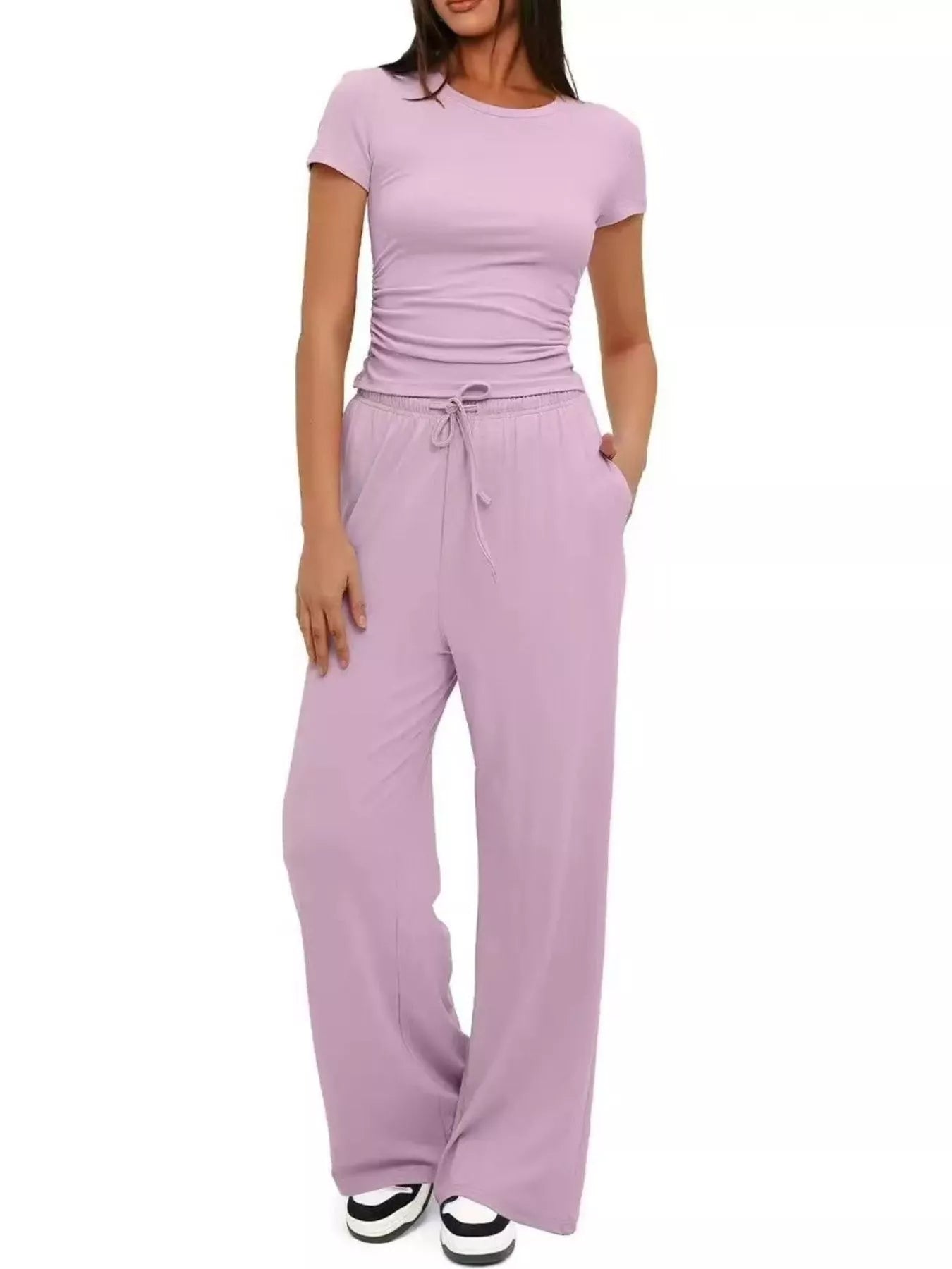 Round Neck Short Sleeve Top and Pants Set