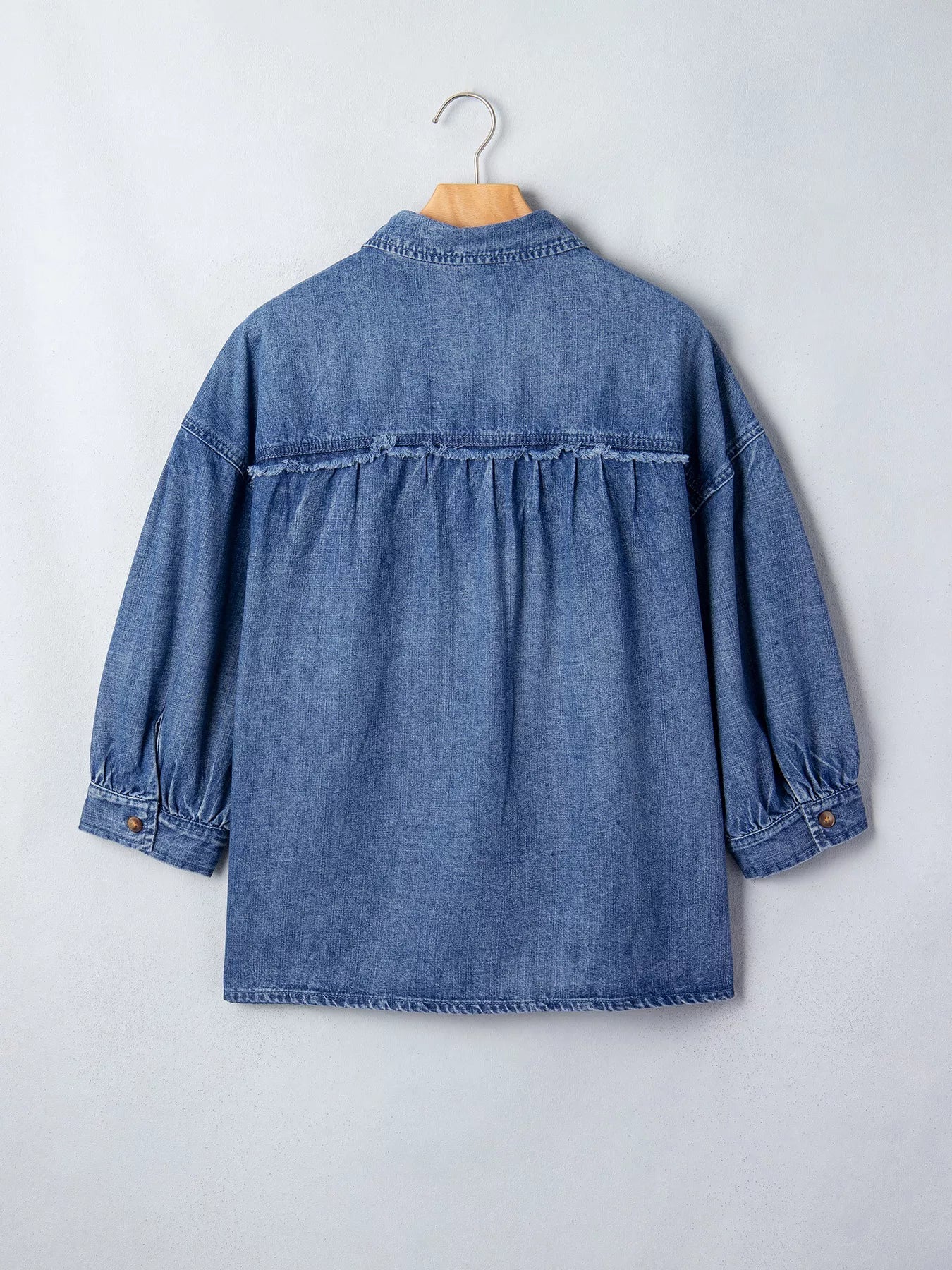 Three Quarter Sleeve Button Front Loose Denim Shirt
