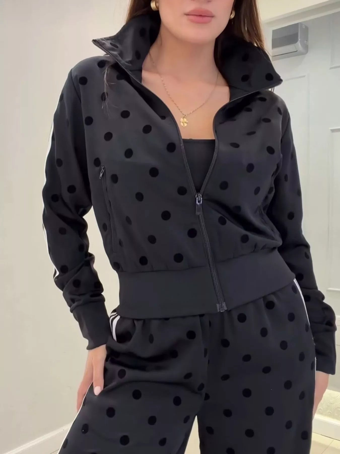 Polka Dot Zip Up Outerwear and Pants Set
