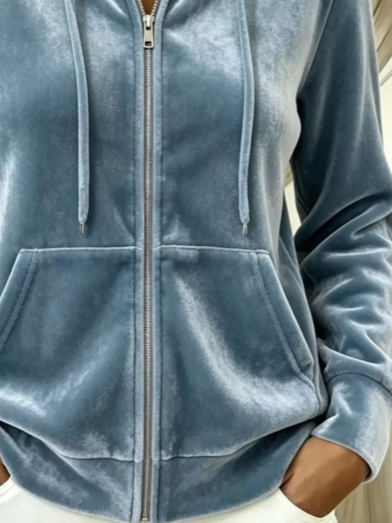 Full Size Velvet Zip-Up Hoodie with Drawstring Plus Size