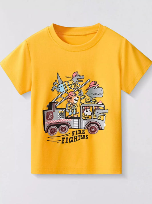 Children's Firefighter Animal Graphic Round Neck T-Shirt