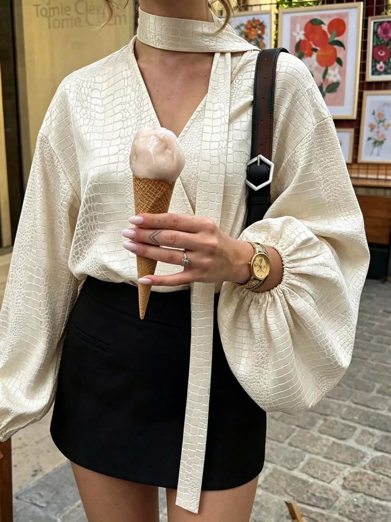Crocodile-Embossed Surplice Balloon Sleeve Blouse