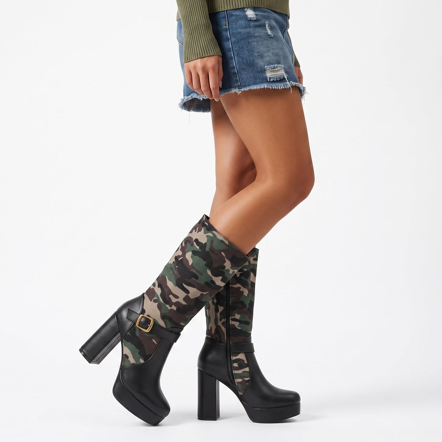 Women's Camouflage High-Cut Platform Boots | Chunky Heel & Buckle