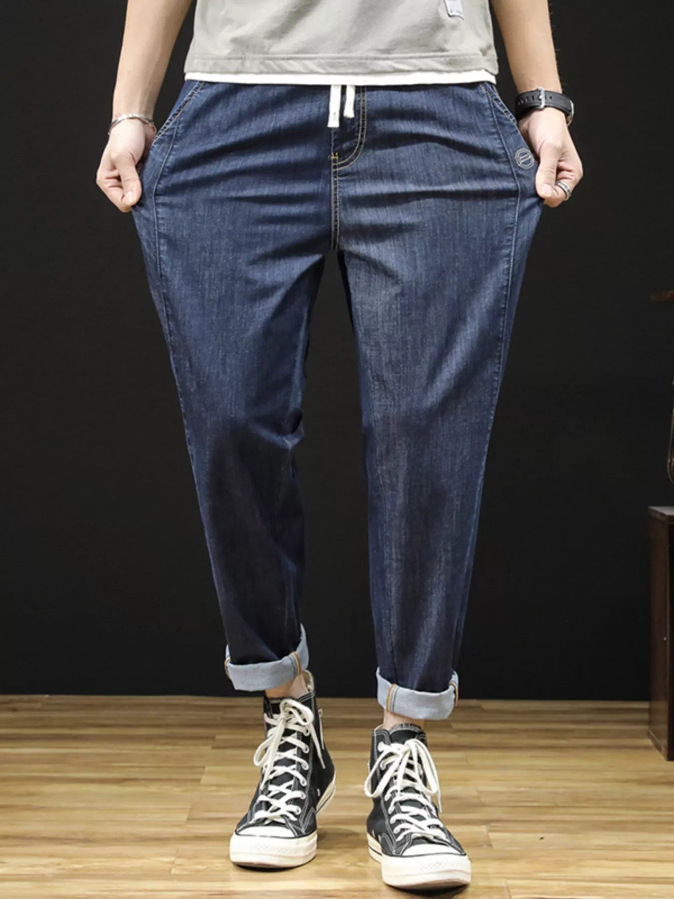 Men's Plus Size Drawstring Straight Leg Jeans