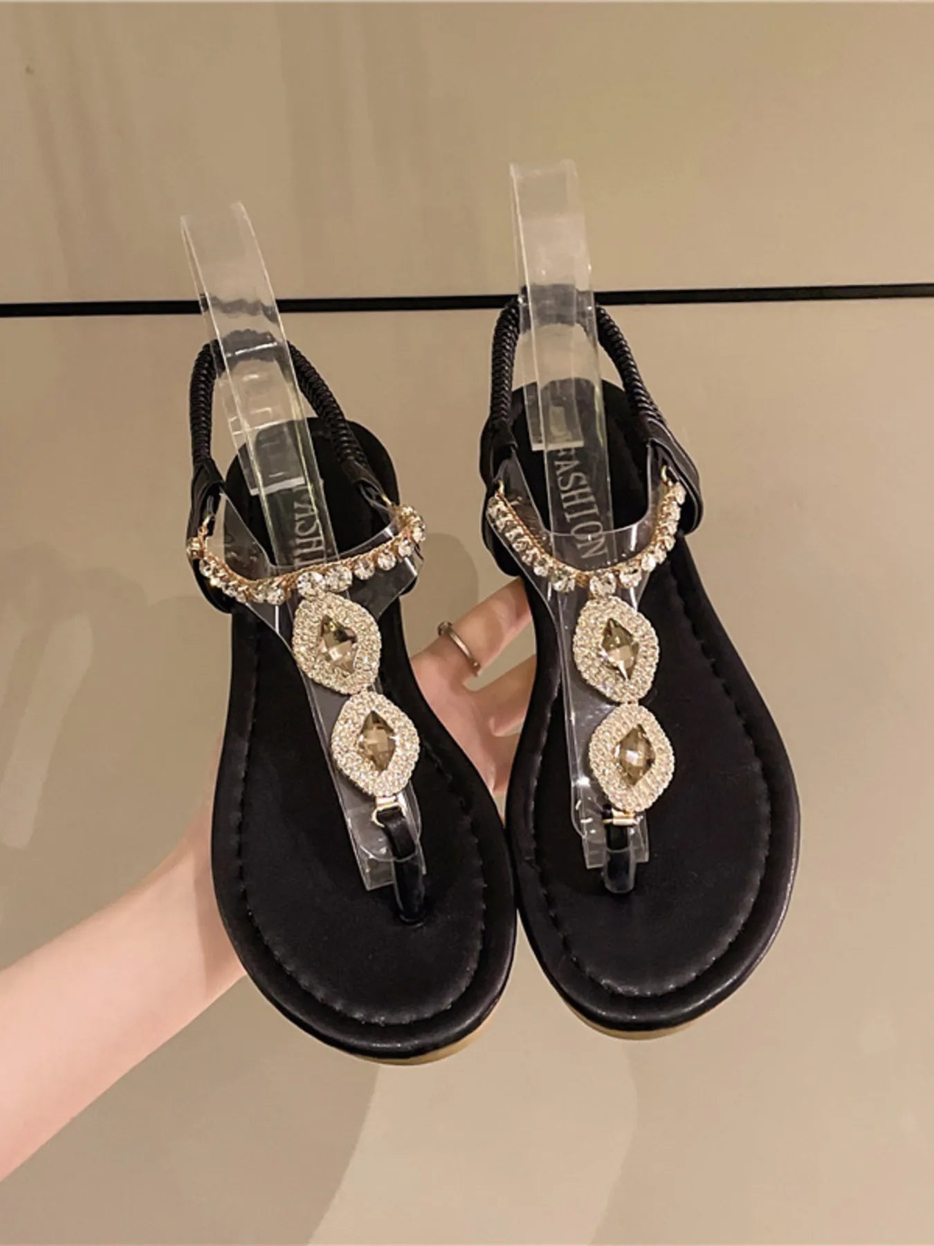 Rhinestone T-Strap Flat Sandals