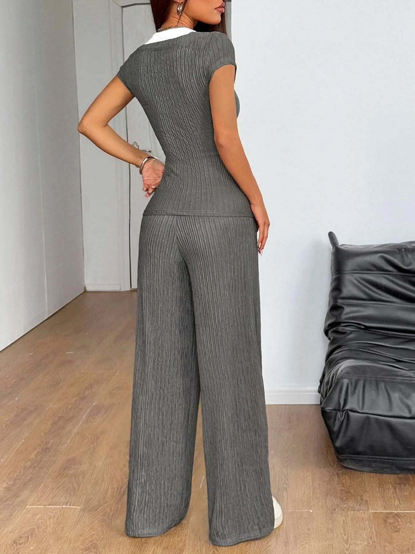 Textured Short Sleeve Top and Pants Set