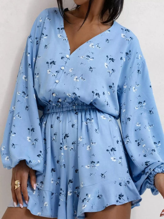 Floral V-Neck Long Sleeve Romper with Elastic Waist