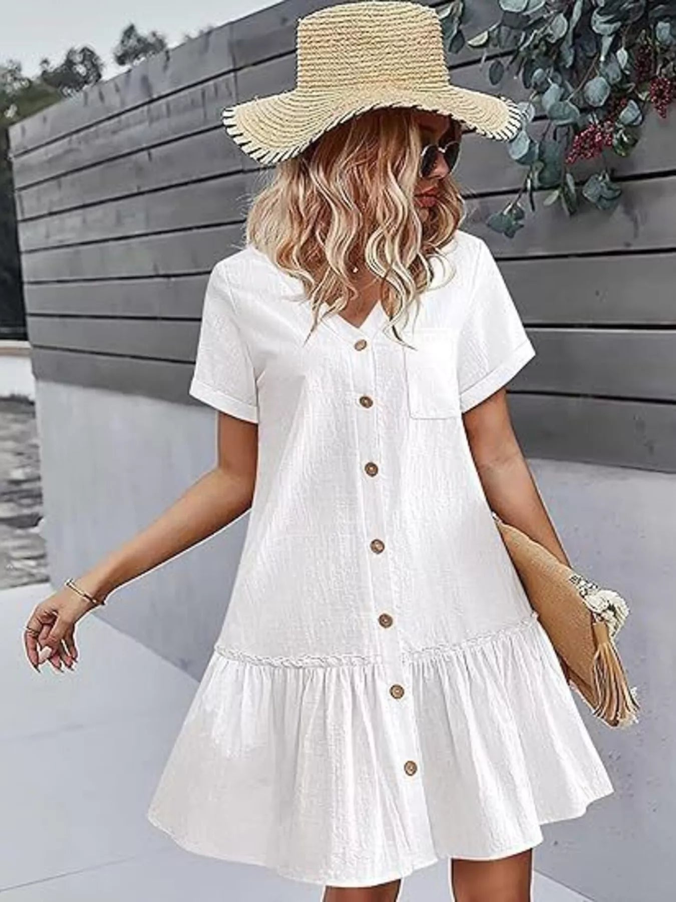Full Size Button-Down Ruffle Hem Mini Dress Plus Size