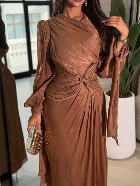 Front Twisted Draped Long Sleeve Maxi Dress