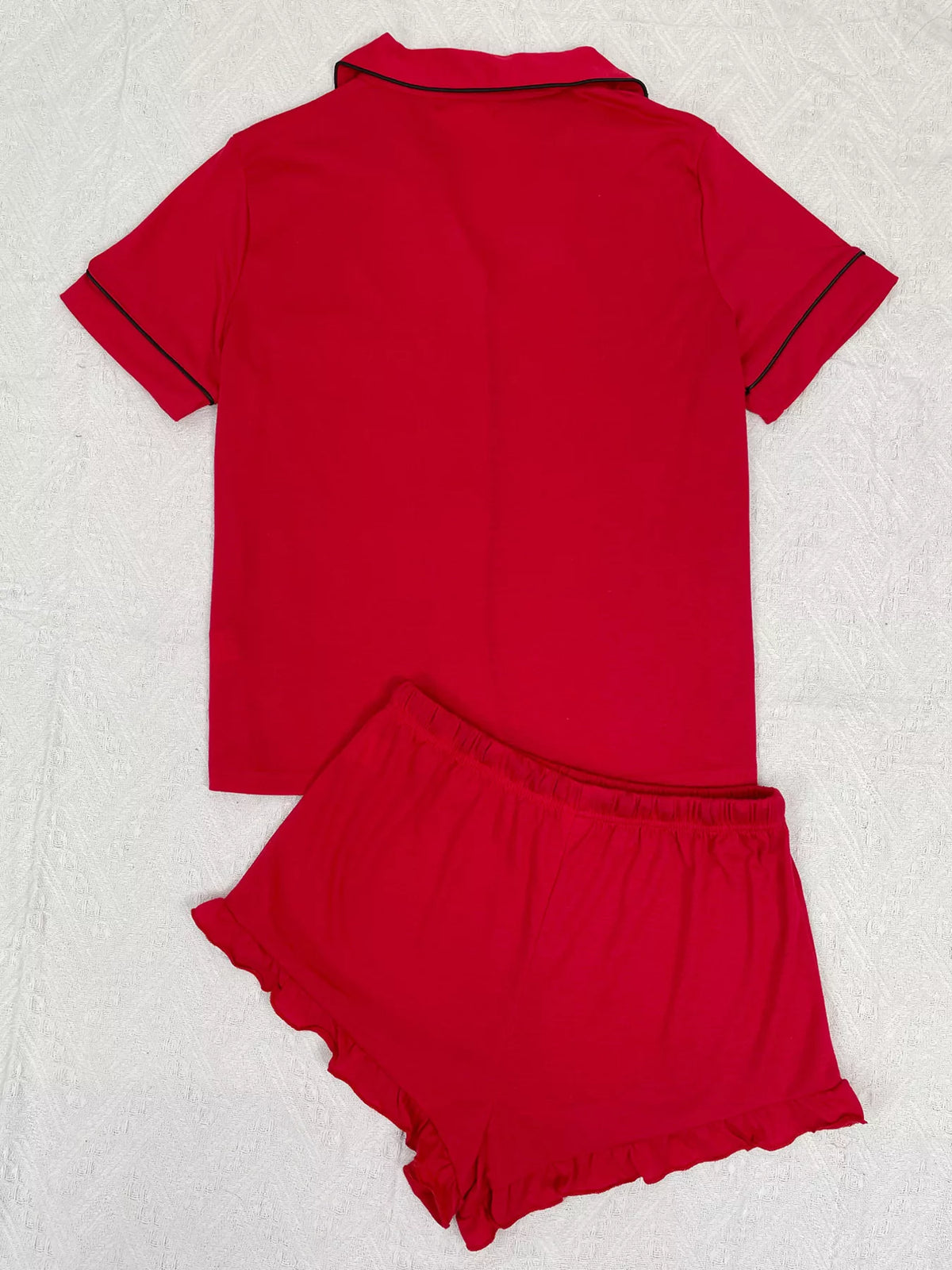Contrast Piping Button-Down Shirt and Ruffle Shorts Lounge Set