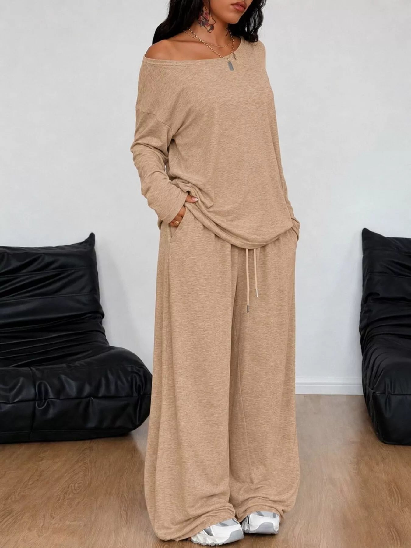Full Size Comfortable Loose Fit One-Shoulder T-Shirt and Pants Set Plus Size