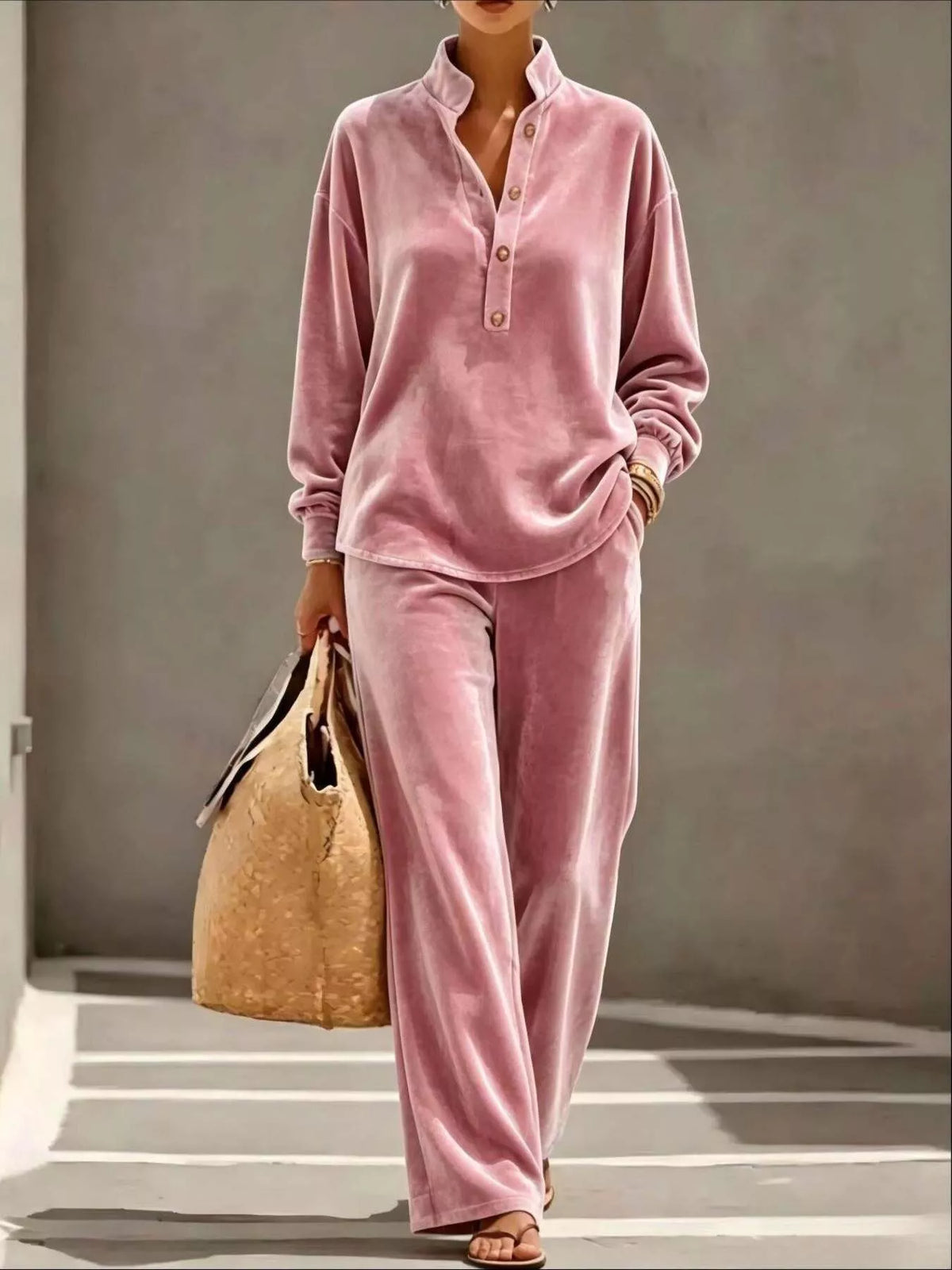 Full Size Half Button Top and Wide Leg Pants Set Plus Size