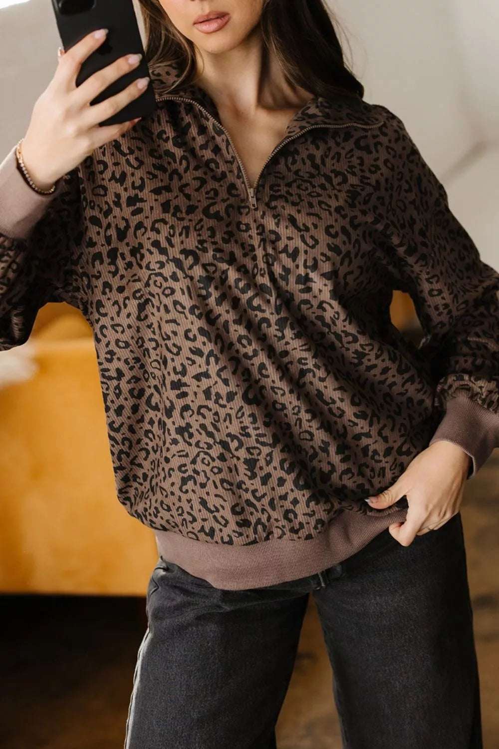 Leopard Print Quarter-Zip Sweatshirt
