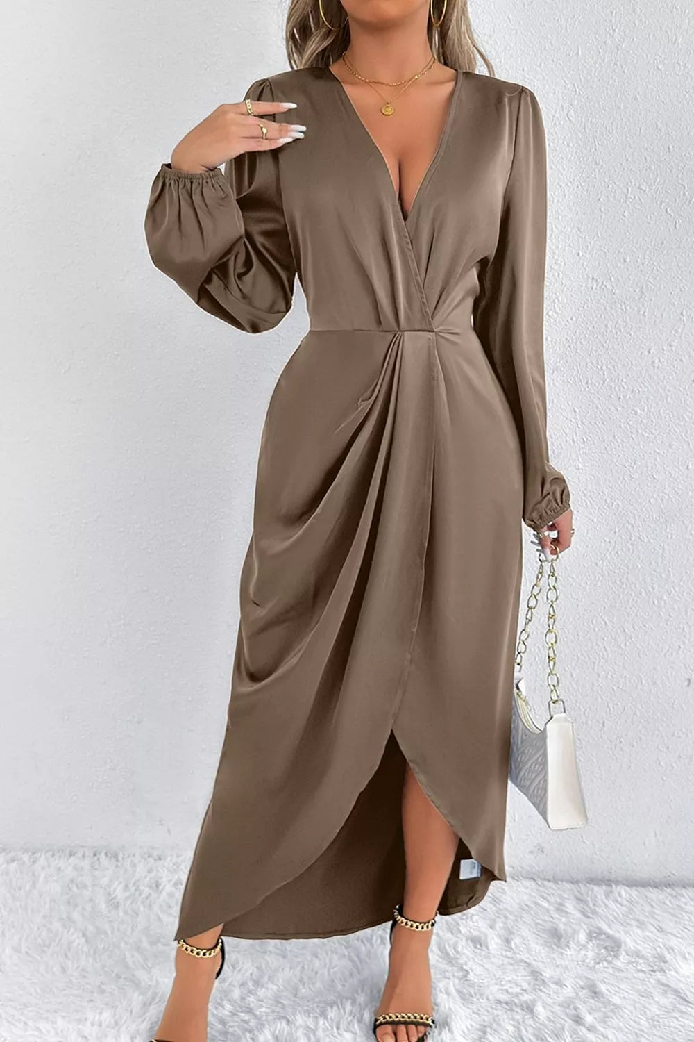 Satin Balloon Sleeve Midi Dress