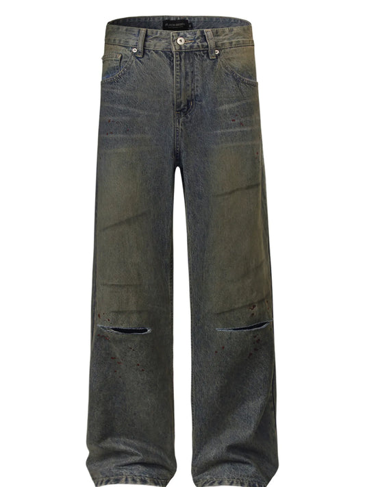 Men's Distressed Wide Leg Vintage Wash Jeans