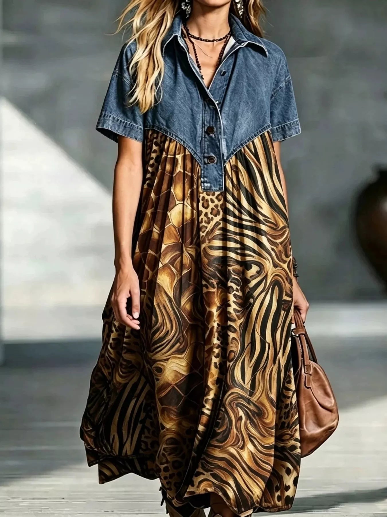 Full Size Denim Patchwork Printed Shirt Dress Plus Size