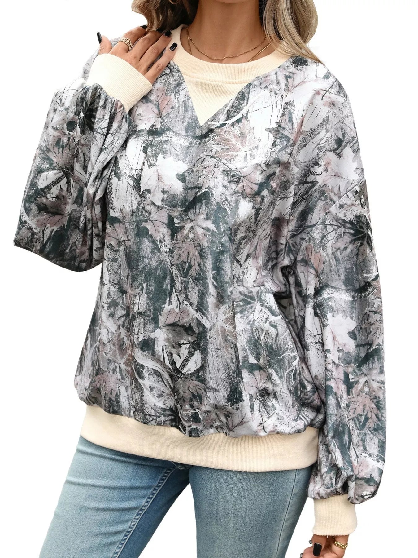 Leaf Print Sweatshirt with Contrasting Trim