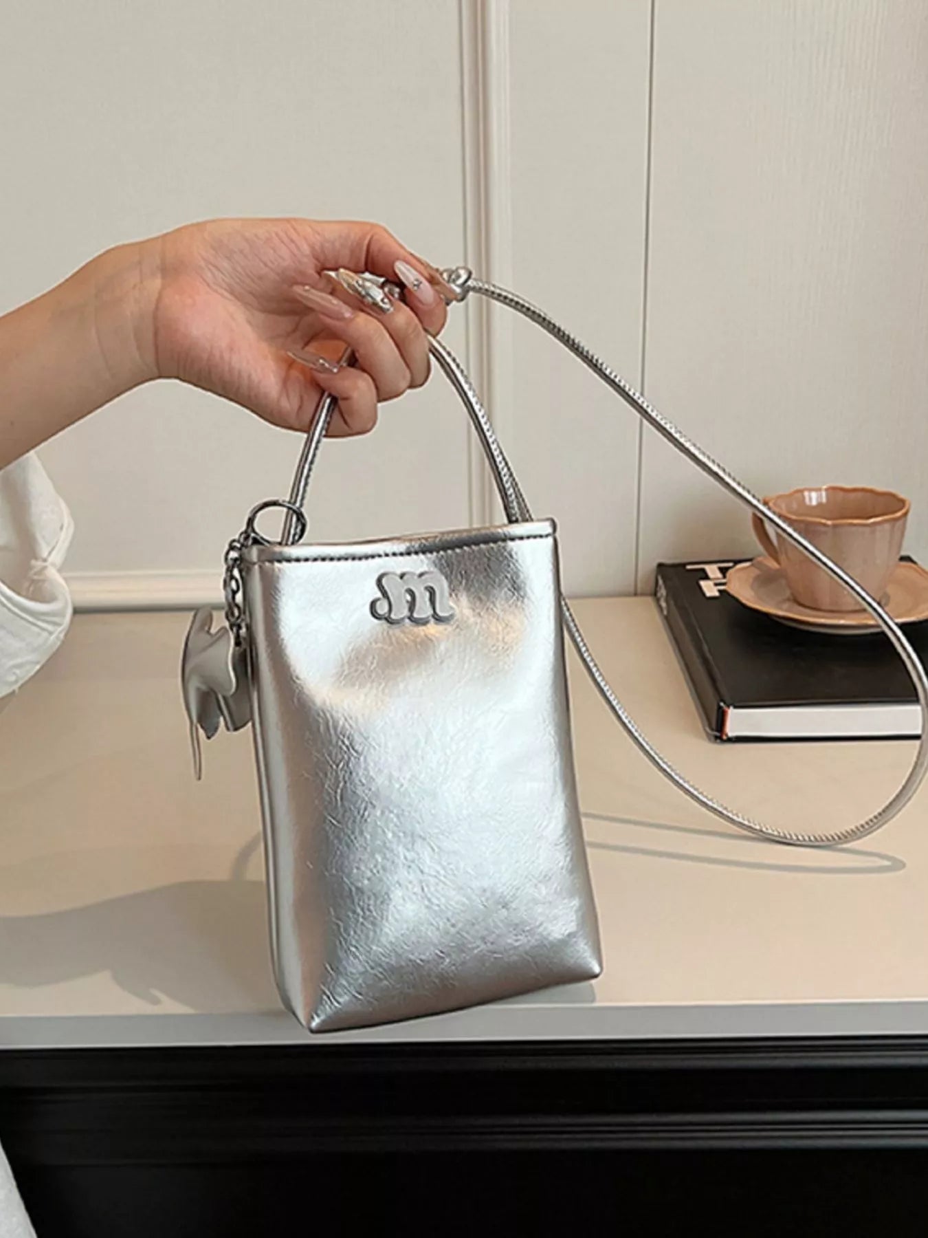 Minimalist PU Leather Crossbody Bag with Elephant Charm