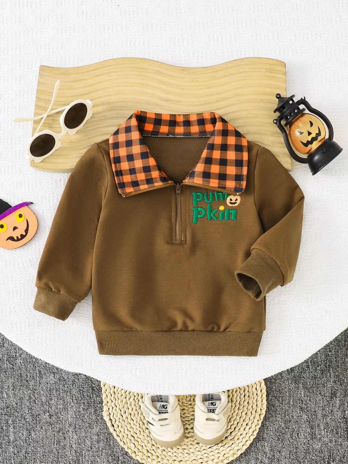Children's Pumpkin Quarter-Zip Plaid Collar Sweatshirt