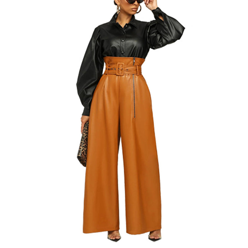 Women's Fashion High-Waisted PU Wide-Leg Pants, Solid Color Metal Belt Detail Trousers With Pockets (See size chart where applicable)