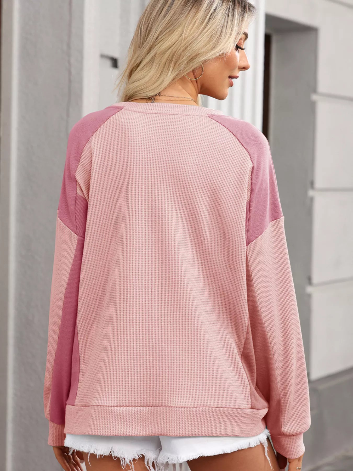 Color Block Waffle High Low Raglan Sleeve Sweatshirt
