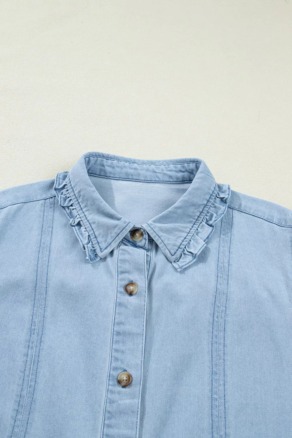 Ruffled Edge Collared Shift Denim Dress with Pockets