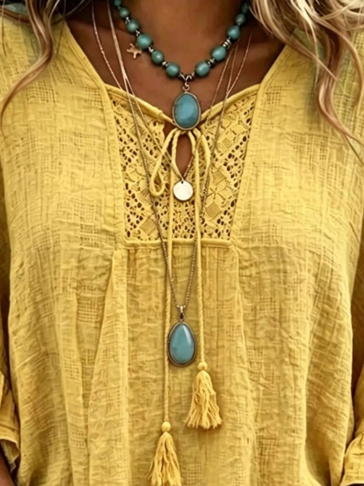 Full Size Tassel Tie Neck Ruffled Hem Blouse Plus Size