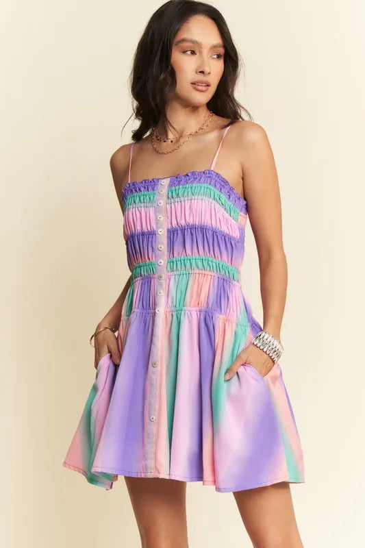Davi & Dani Multi Color Ombre Printed Bodice Button Up Dress